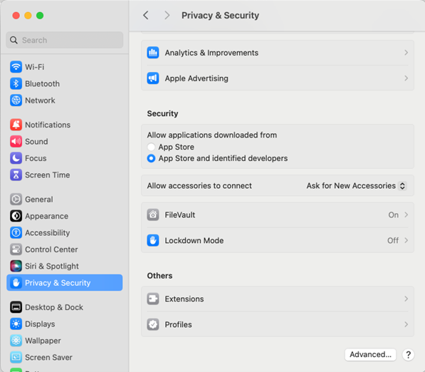 System Settings – Privacy and Security